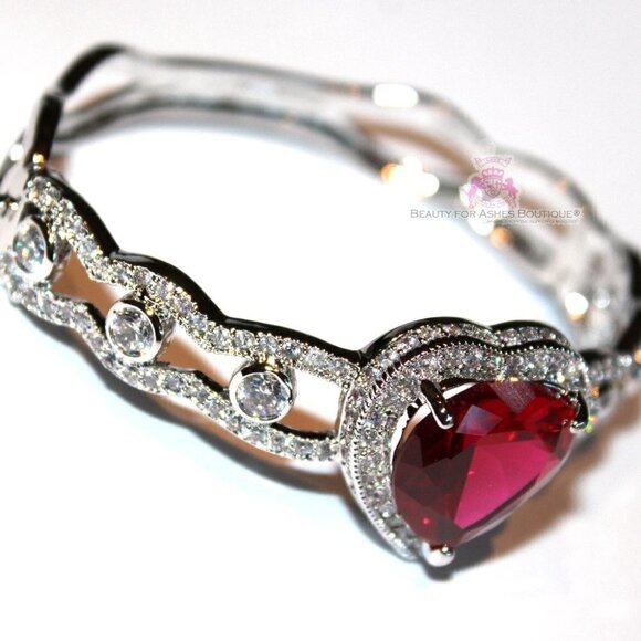 Ruby Red Prophets Heart Valentines Day Love Cuff Cubic Zirconia CZ Bracelet 7.5" - Picture 4 of 7